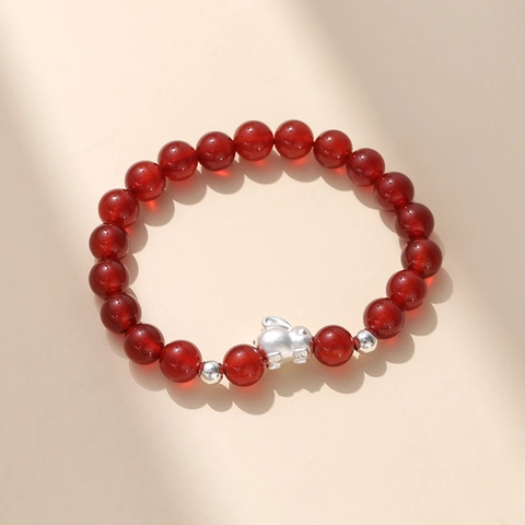 Natural Red Agate Hand String Bracelet With 925 Sterling Silver Rabbit Charm For Women Fashionable Jewelry Gift
