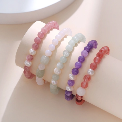 Bracciale Con Perline In Cristallo Di Fragola Naturale Con Perla D'acqua Dolce Barocca Gioielli Minimalisti Fatti A Mano Per Donna