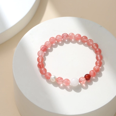 Bracciale Con Perline In Cristallo Di Fragola Naturale Con Perla D'acqua Dolce Barocca Gioielli Minimalisti Fatti A Mano Per Donna