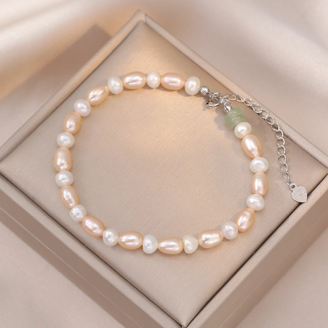 Bracciale In Argento Sterling 925 Perle D Acqua Dolce Con Perla Di Giada Verde Gioielli Eleganti Regolabili Per Donna