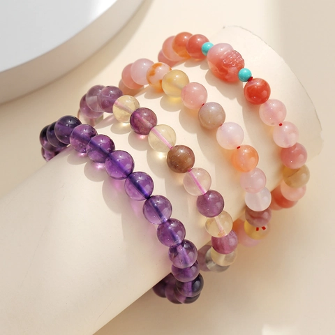 Natural Amethyst Fluorite And Yanyuan Agate Beaded Bracelet Fashion Round Stone Hand String For Women