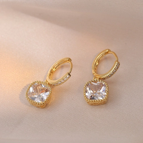 Orecchini A Cerchio Pendenti Eleganti In Rame Placcato Oro Zirconia Quadrata Taglio Cushion Gioielli Donna