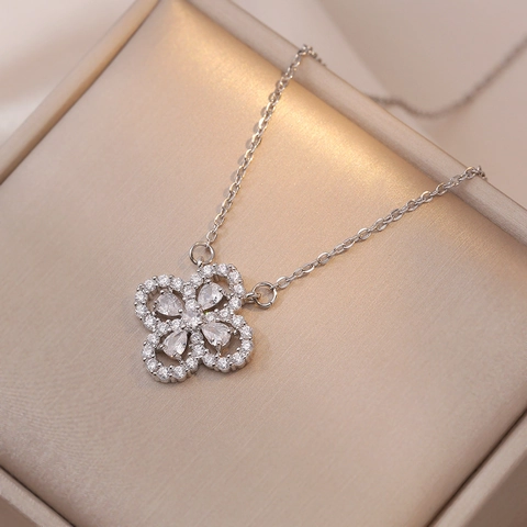 Collar Con Colgante De Trébol De Cuatro Hojas Flor De Acero Titanio Circonita Joyería De Moda Para Mujer