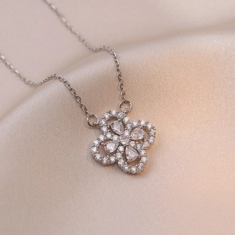 Collar Con Colgante De Trébol De Cuatro Hojas Flor De Acero Titanio Circonita Joyería De Moda Para Mujer