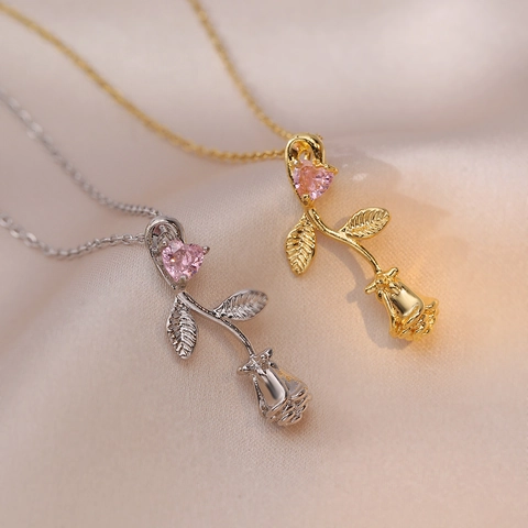 Collana Con Pendente Rosa Acciaio Inossidabile Zircone Cuore Rosa Fiore Vintage Gioielli Romantici Per Donna Catena Clavicola