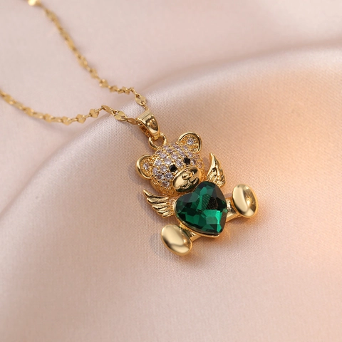 Collana Con Ciondolo Orso Angelo Acciaio Inossidabile Smeraldo Cuore Zircone Pavé Ali Gioielli Di Moda Per Donna