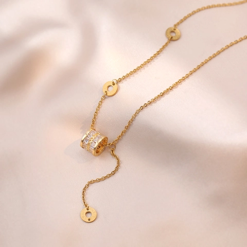 Collar Con Colgante De Cilindro De Acero Inoxidable Con Circonita Números Romanos Elegante Cadena De Clavícula Mujer