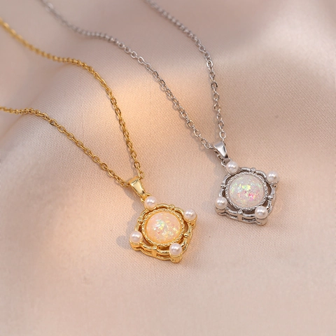 Retro Square Pendant Necklace For Women Titanium Steel Jewelry With Simulated Opal And Imitation Artificial Pearl