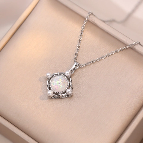 Retro Square Pendant Necklace For Women Titanium Steel Jewelry With Simulated Opal And Imitation Artificial Pearl