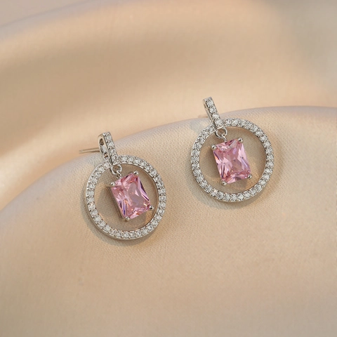 Pink Zircon Stud Earrings Copper Micro Pave Rhinestone Geometric Fashion Jewelry Women