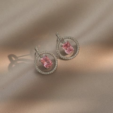 Pink Zircon Stud Earrings Copper Micro Pave Rhinestone Geometric Fashion Jewelry Women