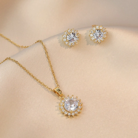 Collar Y Pendientes De Girasol Acero Inoxidable Circón Tono Dorado Moda Elegante Joyería Regalo Mujer