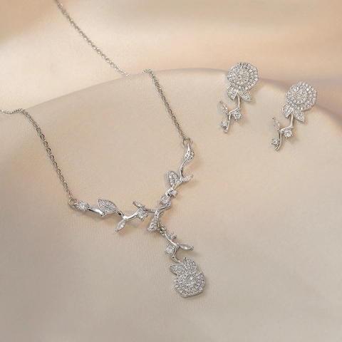 Elegante Collar Y Pendientes De Flor De Rosa Acero Inoxidable Diamantes De Imitación Joyería Floral Para Mujeres