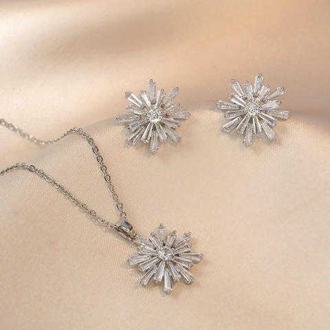 Collana Con Pendente A Fiocco Di Neve E Orecchini In Acciaio Inossidabile Con Zircone Scintillante Gioielli Donna