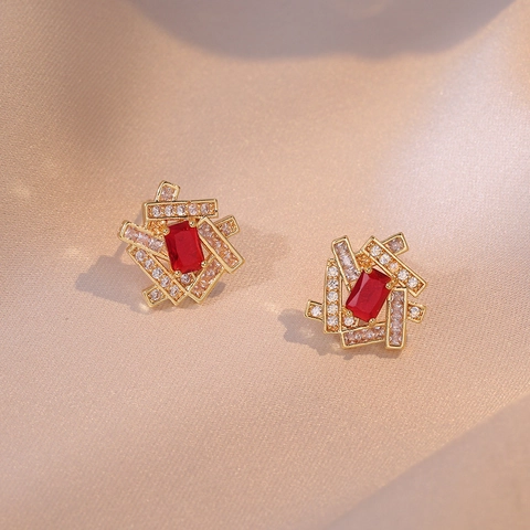 Geometric Square Red Zircon Stud Earrings Vintage Gold Plated Copper With White Rhinestone Elegant Women Jewelry
