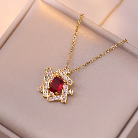 Geometric Titanium Steel Necklace And Red Zircon Earrings With Adjustable Ring For Women Elegant Fashion Jewelry