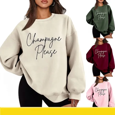 Damen Casual Locker Sweatshirt Rundhals Langarm Fleece Pullover Mit Champagne Please Buchstabendruck Dickes Top