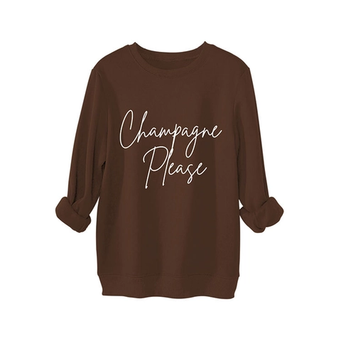 Damen Casual Locker Sweatshirt Rundhals Langarm Fleece Pullover Mit Champagne Please Buchstabendruck Dickes Top