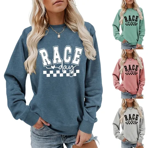 Felpa da Donna Casual Girocollo Manica Lunga Vestibilità Morbida Stampa Race Day Misto Cotone Pullover Sportivo