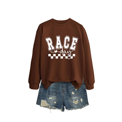 Felpa da Donna Casual Girocollo Manica Lunga Vestibilità Morbida Stampa Race Day Misto Cotone Pullover Sportivo