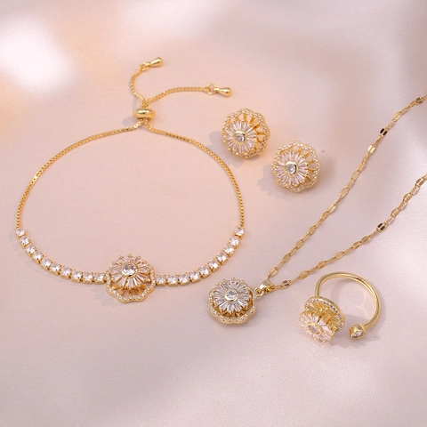 Rotating Sunflower Necklace Earring Ring Bracelet Stainless Steel Micro Inlaid Zircon Spinning Flower Women Accessory