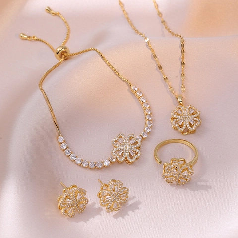 Stainless Steel Rotating Heart Clover Cubic Zirconia Gold Plated Necklace Earrings Ring Bracelet Women Wedding Jewelry
