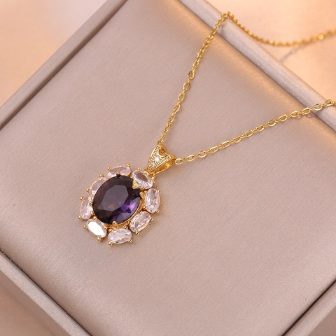 Collar Con Colgante De Circonita Púrpura Ovalada Vintage Acero De Titanio Racimo De Flores Girasol Joyas De Moda Para Mujer