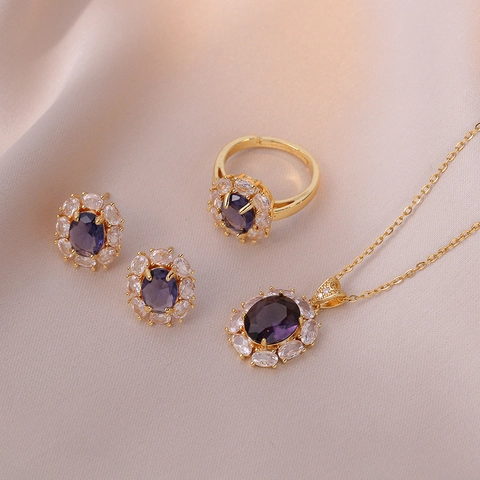 Collana Anello E Orecchini Con Zircone Viola Ovale Gioielli In Acciaio Inossidabile Da Donna Design Halo Vintage
