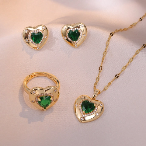 Vintage Luxury Court Style Titanium Steel Heart Rhinestone Pendant Necklace Colorful Gemstone Earrings Ring Jewelry Set For Women