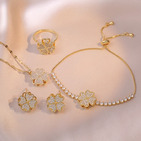 Vierblättriges Kleeblatt Herz Anhänger Halskette Titanstahl Zirkonia Rotierender Eleganter Schmuck Für Damen Mode Accessoire