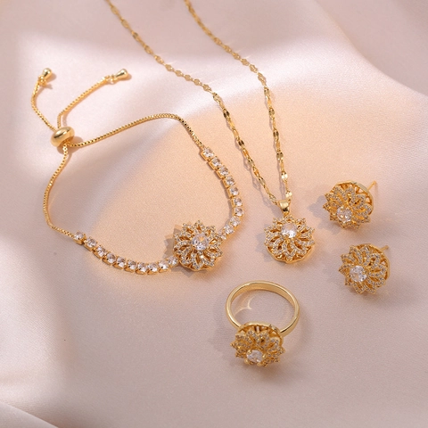 Rotating Sunflower Stainless Steel Necklace Earrings Bracelet Ring For Women Micro Inlaid Zirconia Fashion Jewelry Accessory