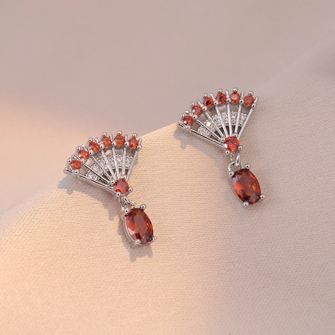 Retro Court Style Fan Shaped Dangle Earrings Copper Red Zircon Gemstone Rhinestone Elegant For Women
