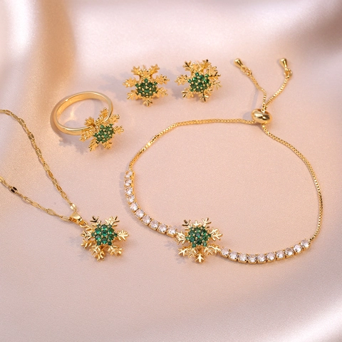 Snowflake Necklace Ring Bracelet Earrings Stainless Steel Gold Plated Emerald Green Zircon Elegant Winter Jewelry Women