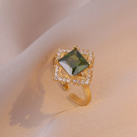 Adjustable Open Rings For Women Vintage Style Gold Plated Alloy Square Geometric Colorful Zircon Jewelry Elegant