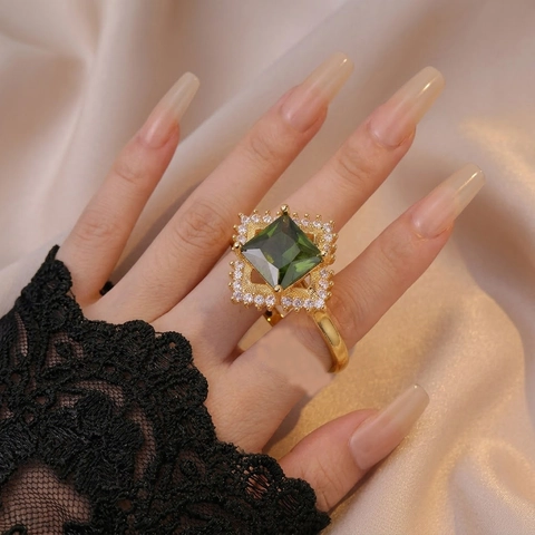 Adjustable Open Rings For Women Vintage Style Gold Plated Alloy Square Geometric Colorful Zircon Jewelry Elegant