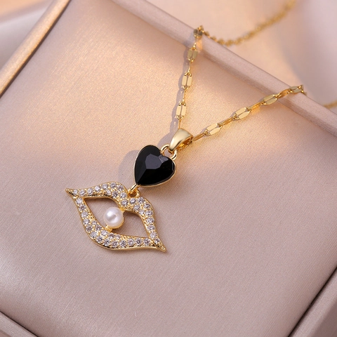 Collana Con Pendente Labbra E Cuore In Cristallo Acciaio Inossidabile Strass Con Perla Artificial Sintetica Gioielli Di Moda Per Donne