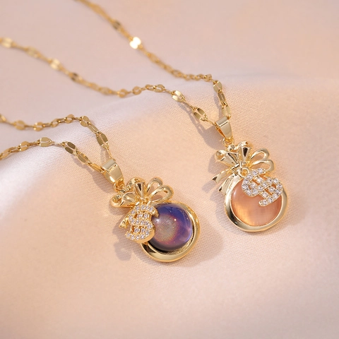 Collana Con Pendente A Sacchetto Di Soldi In Acciaio Inossidabile Da Donna Segno Del Dollaro Nodo Pietra Occhio Di Gatto