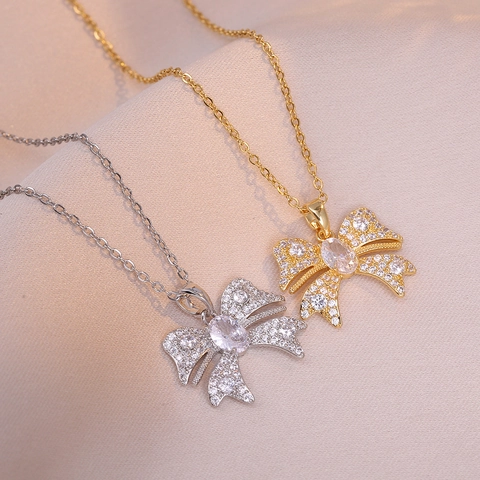 Bow Tie Pendant Necklace Stainless Steel Shiny Zircon Minimalist Clavicle Chain Light Luxury Jewelry Gift For Women