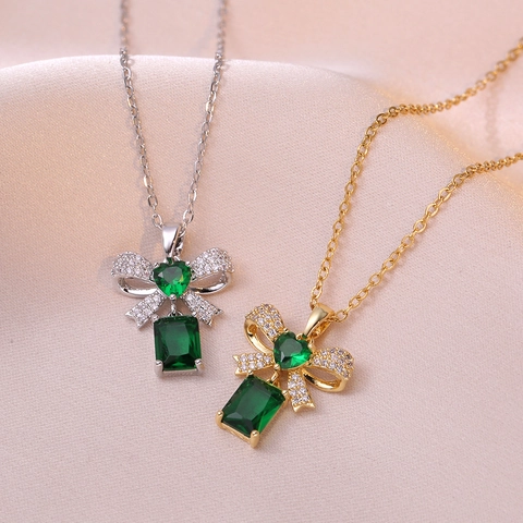 Schleife Herz Anhänger Halskette Titanstahl Smaragdgrün Edelstein Zirkon Luxus Stil Schmuck Für Damen