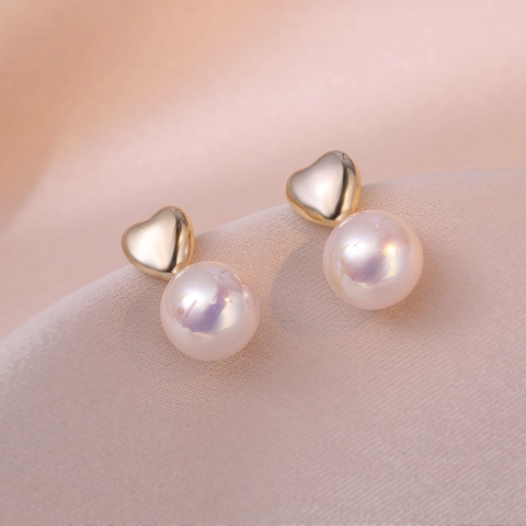 Orecchini A Lobo Cuore Perla Artificial Rame Con Perno In Argento Sterling 925 Elegante Francese Iridescente Per Donna
