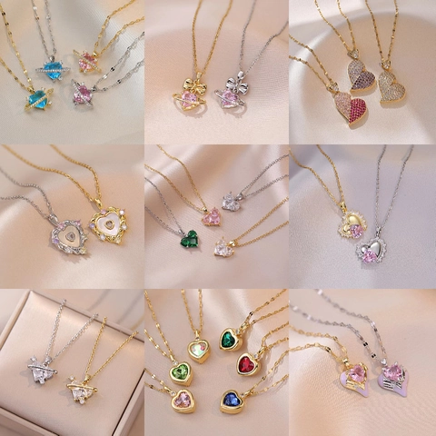 Heart Planet Pendant Necklace Stainless Steel Zirconia Inlaid Gold Silver Plated Clavicle Chain Jewelry For Women Gift