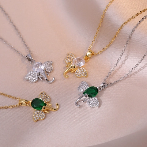 Collana Con Pendente A Elefante In Acciaio Inossidabile Zirconia Cubica Verde Smeraldo Gioielli Animali Per Donna