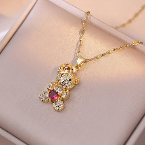Stainless Steel Cute Teddy Bear Pendant Necklace With Heart Cubic Zirconia Crown Luxury Fashion Jewelry For Women Gift