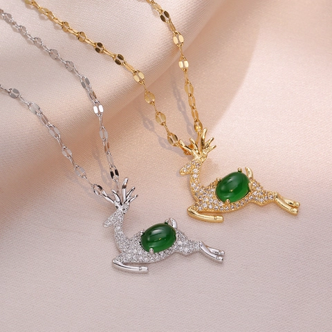 Reindeer Pendant Necklace Stainless Steel With Green Gemstone And Zircon Inlaid Christmas Style For Women