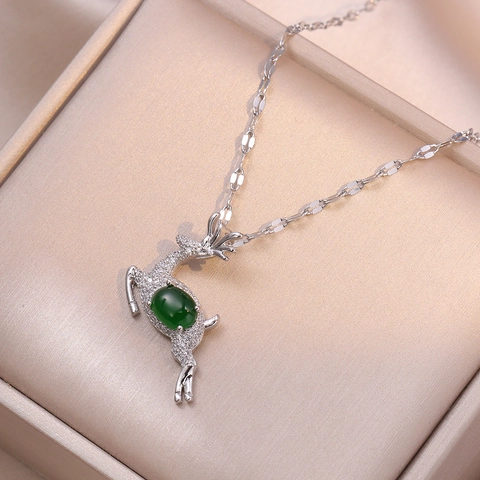 Reindeer Pendant Necklace Stainless Steel With Green Gemstone And Zircon Inlaid Christmas Style For Women