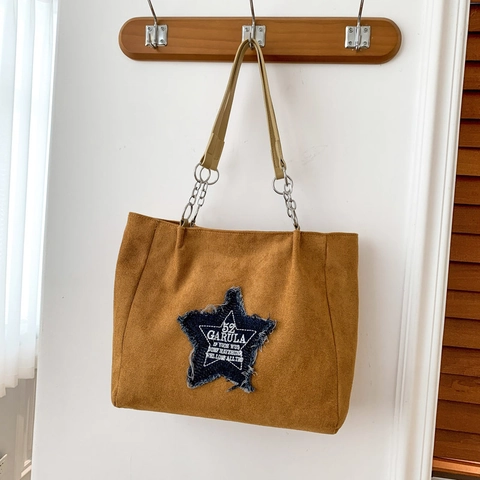 Bolso Tote De Gamuza Retro Para Mujer Gran Capacidad Parche Estrella De Mezclilla Bolso Mano Street Style Cadena Metal