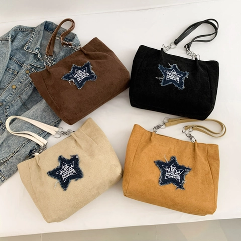 Bolso Tote De Gamuza Retro Para Mujer Gran Capacidad Parche Estrella De Mezclilla Bolso Mano Street Style Cadena Metal