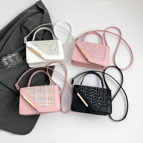 Borsa A Tracolla Da Donna In Pelle PU E Tweed Decorazione Barra Metallica Manico Superiore Piccola Borsa Quadrata Elegante Chic