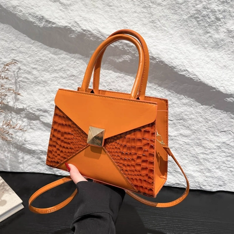 Bolso de Mano para Mujer de Cuero PU con Relieve de Coccodrilo Bolso de Bandolera con Hebilla Cuadrada de Metal Elegante