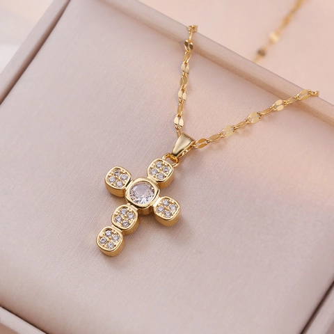 Collar Con Colgante De Cruz De Acero Inoxidable Con Circón Estilo Francés Minimalista Joyería Elegante Mujer